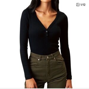 KOTN Ribbed Henley Long Sleeve Shirt Black Cotton V Neck Women's size Large